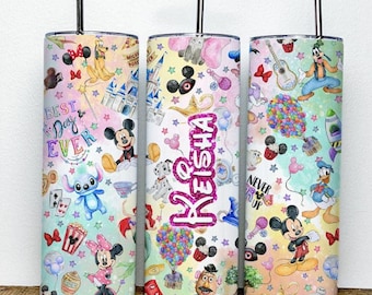 Personalized Watercolor Disney Tumbler, Mickey & Friends Stitch Disney Princess Girl Trip, WDW Disneyland Castle Family Vacation Coffee Cup