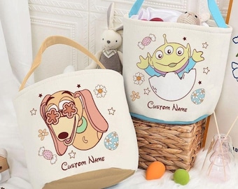 Personalized Toy Story Bunny Egg Disney Easter Basket, Buzz Lightyear Woody Easter Trip Bag, Happy Easter Family Egg Hunt Basket Home Decor
