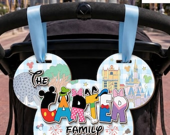 Personalized Disney Trip Stroller Sign, Mickey and Friends Stroller Tag, Walt Disney World Disneyland Family Vacation 2026 Scooter Tag Decor
