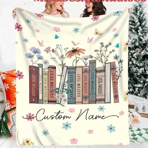 Personalized Floral Book Blanket, Custom Book Titles & Name Favorite Book Home Decoration, Bookshelf and Plants Reading Lover Gift for Her