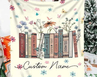 Personalized Floral Book Blanket, Custom Book Titles & Name Favorite Book Home Decoration, Bookshelf and Plants Reading Lover Gift for Her