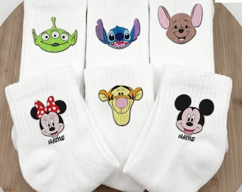 Personalized All Characters Embroidered Disney Socks, Mickey and Friends Stitch Winnie The Pooh Socks with Name, Kids Family Embroidery Sock