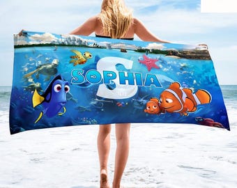 Personalized Disney Finding Nemo Beach Towel, Finding Dory Marlin Nemo Birthday Boy Bath Pool Summer Trip Home Decor, Birthday Girl Towel