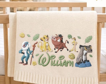 Personalized Embroidered Disney The Lion King Blanket, Embroidery Animal Kingdom Hakuna Matata Birthday Home Decor, Kid Baby Knit Blanket