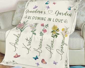 Manta de jardín personalizada para mamá y abuela, regalo personalizado con nombre de niño y flor para el mes de nacimiento, decoración del hogar para el día de la madre, regalos familiares para mamá y abuela