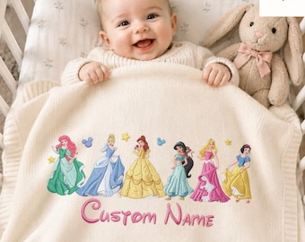 Personalized Embroidered Disney Princess Blanket, Embroidery Cinderella Rapunzel Elsa Birthday Girl Home Decor, Kids Baby Girl Knit Blanket