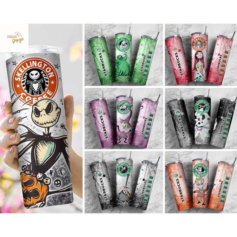 Pu&ograve; includere: Una collezione di bicchieri Starbucks con vari design. Un bicchiere presenta Jack Skellington da "Nightmare Before Christmas" con il testo "Skellington Coffee". Altri bicchieri mostrano personaggi e temi del film, in vari colori.