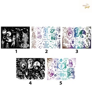 May include: Five rectangular graphic designs featuring characters and scenes from The Nightmare Before Christmas. Each design includes various illustrations of Jack Skellington, Sally, and other characters, with text placeholders for a custom name.