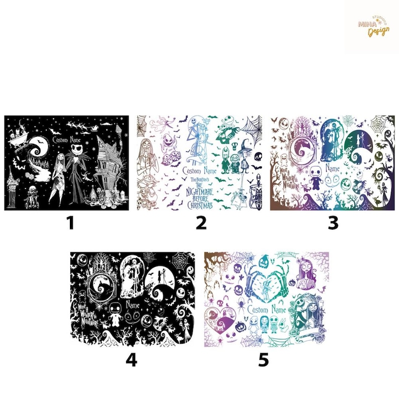 May include: Five rectangular graphic designs featuring characters and scenes from The Nightmare Before Christmas. Each design includes various illustrations of Jack Skellington, Sally, and other characters, with text placeholders for a custom name.