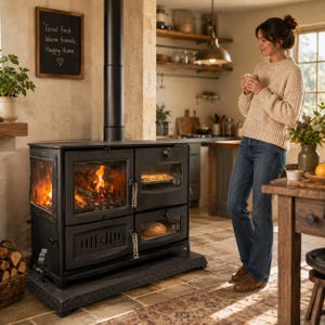 May include: A black cast iron wood-burning stove with a glass-fronted firebox and two integrated ovens. The stove features a tall vertical chimney pipe and a decorative base. A chalkboard on the wall displays the text Good food Warm friends Happy Home.