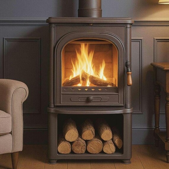 Cast Iron Wood Burning Stove With Log Storage: 7kw Rustic Heater