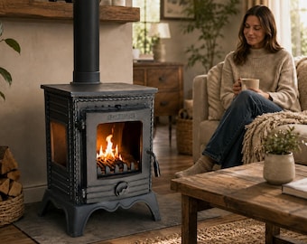 May include: A black cast iron wood-burning stove with a glass door revealing a bright orange flame, featuring decorative rope-style trim on the front frame, a cylindrical chimney pipe, and four arched legs, standing on a dark rectangular base.