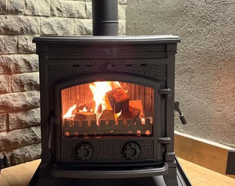 Elegant Black Cast Iron Wood Burning Stove With Glass Door