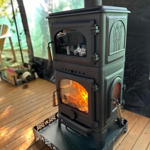 Gietijzeren houtkachel met oven, houtkachel, hut, tent, terras, voor tiny house