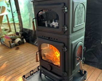 Cast iron wood stove with oven, wood cook stove, cabin, tent, patio, for tiny house