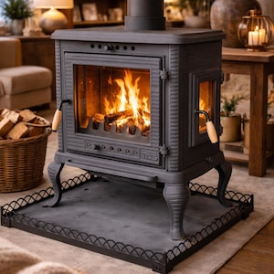 100% Cast Iron Wood Burning Stove – 3-Sided Glass View, Ash Drawer, Side Loading Door