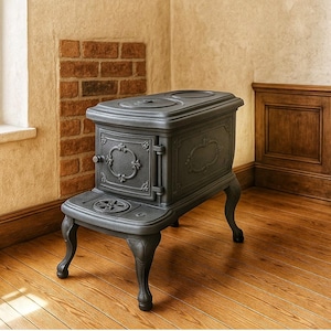 Antique rustic heating stove, nostalgia cast iron wood stove, antique home decor, wood burning stove with ornate