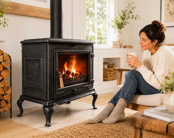 Cast Iron Wood Burning Stove: Rustic Stag Cabin Fireplace