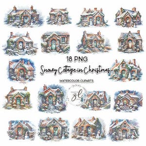 Watercolor Clipart Snowy Cottage in Christmas