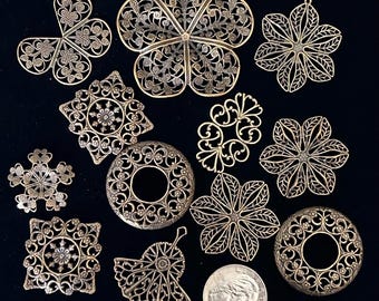Large Brass Filigrees - Flower Embellishments- Floral Jewelry Supplies - Made in USA - Antiqued Brass - Vintage Look - 12 Pieces