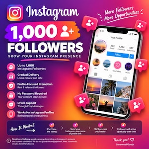 Puede incluir: Un gráfico digital que promociona servicios de crecimiento de seguidores en Instagram. La imagen muestra un teléfono inteligente con un perfil de Instagram, rodeado de iconos de notificación rosas con signos más blancos, sobre un fondo degradado morado y naranja.