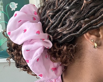 Strawberry Chiffon Hair Scrunchie: Handmade Hair Tie