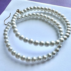 Pearl White Glass Beaded Hoop Earrings on Brass Wire