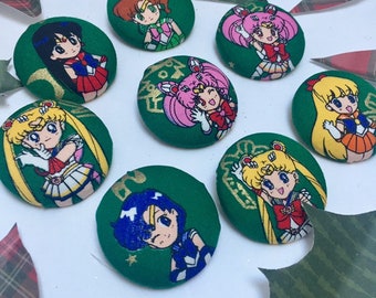 Senshi Anime Fabric Pinback Button with Lock Holiday Green (Single)