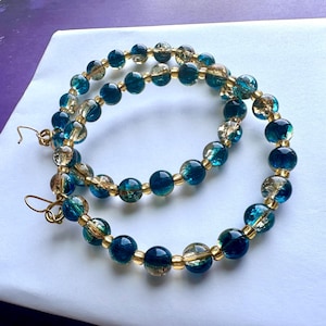 Gold and Teal Beaded Hoop Earrings on Brass Wire Crackle Glass Beads