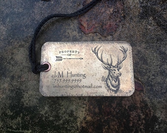 Set of two (2) Personalized Metal Luggage Tags, Hunting Backpack Tags, Personalized Luggage Tags, Deer Hunter gift