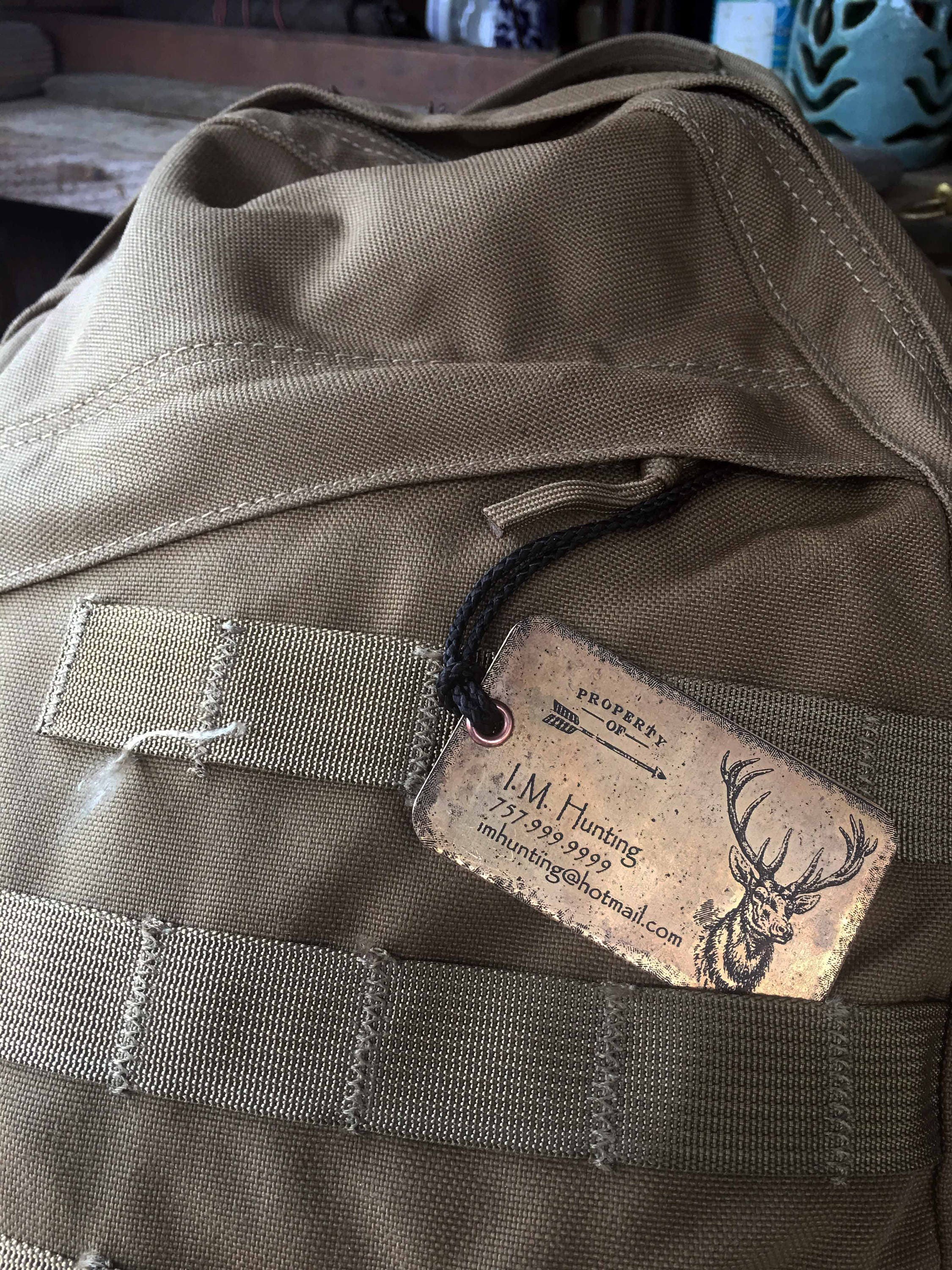 Set of two (2) Personalized Metal Luggage Tags, Hunting Backpack Tags