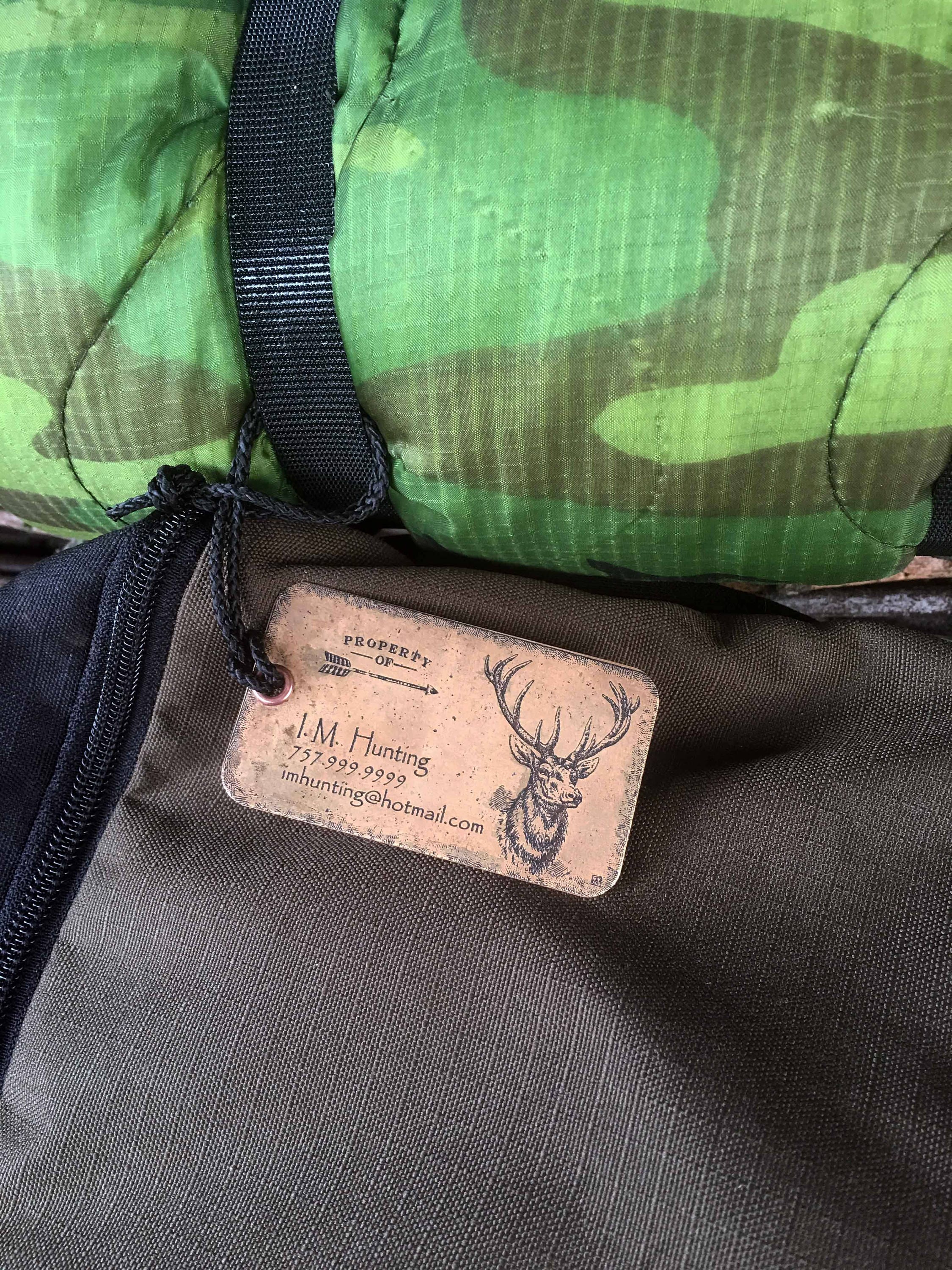 Set of two (2) Personalized Metal Luggage Tags, Hunting Backpack Tags