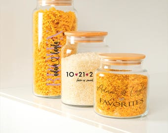 Personalized Glass Food Storage Jars, Custom Pantry Organizer with Wood Lid