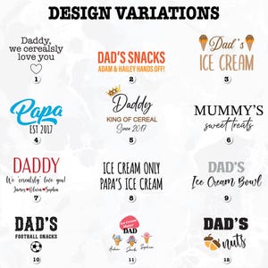 May include: A graphic design template for a mug with 12 different designs. The designs include text such as "Daddy, we cerealsly love you", "Dad's Ice Cream", "Papa Est 2017", "Daddy King of Cereal Since 2017", "Mummy's Sweet Treats", "Daddy We cerealsly love you", "Ice Cream Only Papa's Ice Cream", "Dad's Ice Cream Bowl", "Dad's Football Snacks", "Ice Cream Maker Dad", and "Dad's Nuts".