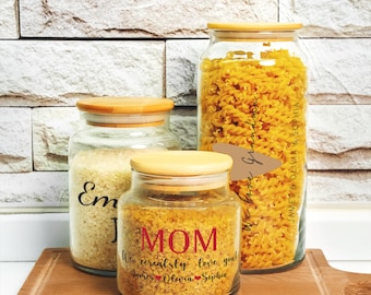 Personalisierte Glas Pantry Glas Set, Benutzerdefinierte Mutter Geschenk, Holz Ball Deckel
