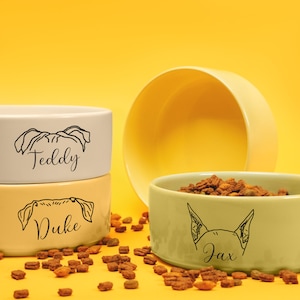 Może przedstawiać: Trzy ceramiczne miski dla zwierząt domowych z czarnymi ilustracjami psów i nazwami. Miski są ułożone jedna na drugiej. Górna miska jest biała z nazwą "Teddy", środkowa miska jest kremowa z nazwą "Duke", a dolna miska jest zielona z nazwą "Jax".