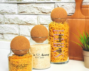 Personalized Glass Kitchen Canister Set, Wooden Ball Lid, Custom Family Name