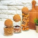 three glass jars filled with dog treats next to a plant