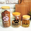 Personalized Dog Treat Container Jar, Pet Food Storage Jar, Custom Glass Treat Storage Canister, Pet Gifts, Pet Reward Jar with wooden Lids
