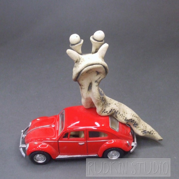 Slug Bug on Toy VW Beetle (Red) Whimsical Ceramic Mixed Media Sculpture