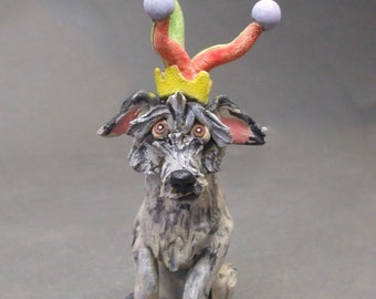 Irish Wolfhound Dog in Jester Hat Whimsical Ceramic Sculpture