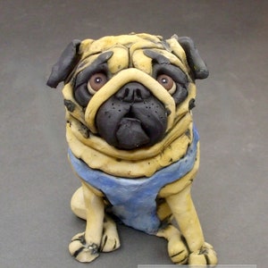 Ceramic Pug Dog Sculpture in Blue Harness