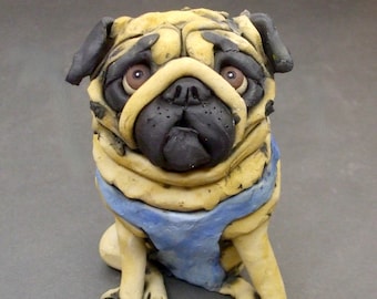 Ceramic Pug Dog Sculpture in Blue Harness