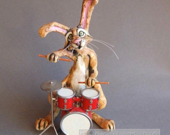 Bunny Rabbit Playing Drums Mixed Media Sculpture