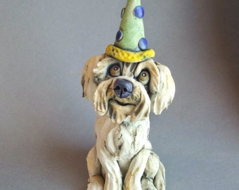 Doodle Dog in Party Hat Ceramic Sculpture