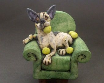 Cattle Dog Ball Lover on Chair Sculpture