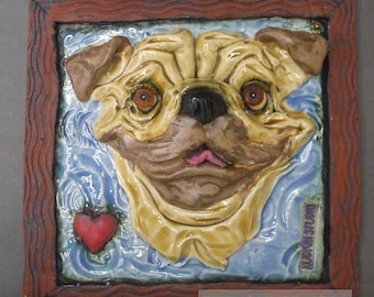 Pug Dog Ceramic Tile Sculpture