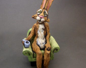 Rabbit Drinking Coffee in Bunny Slippers: Whimsical Clay Bunny Art