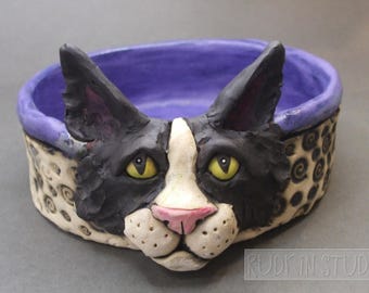 Black and White Cat Sculpture and Pet Bowl or Dish