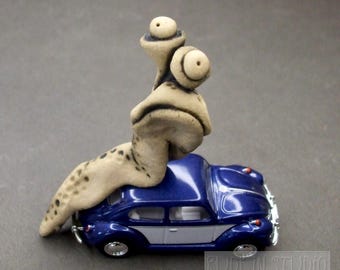 Slug Bug Whimsical Ceramic Sculpture on Toy VW Beetle (Blue)